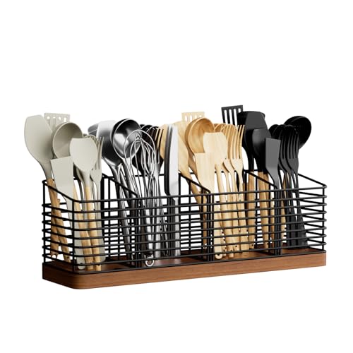 BZBRLZ Large Utensil Holder for Kitchen Counter with 4 Compartments Matte Black Metal Holder with Wooden Base Cooking Utensil Organizer for Spatula Utensil Crock Caddy - Image 1