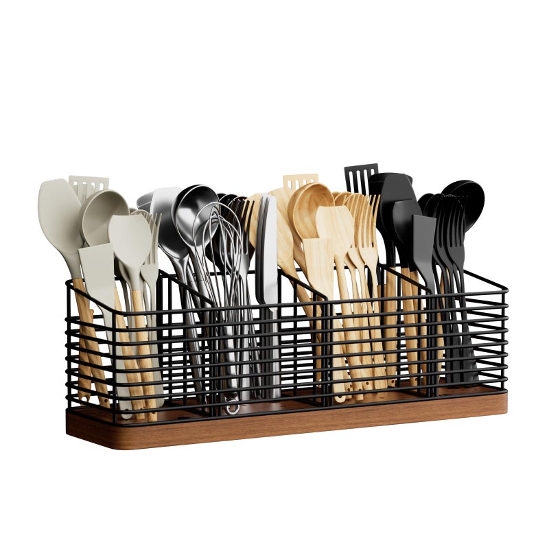 BZBRLZ Large Utensil Holder for Kitchen Counter with 4 Compartments Matte Black Metal Holder with Wooden Base Cooking Utensil Organizer for Spatula Utensil Crock Caddy - Image 2