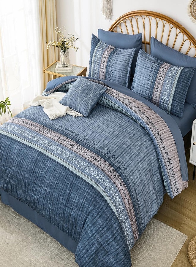 Dintszyayue Blue Comforter Set King Size, 8 Pieces Boho Striped Bed in a Bag Soft Microfiber Bedding Set for All Season - Image 3