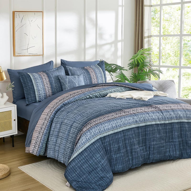 Dintszyayue Blue Comforter Set King Size, 8 Pieces Boho Striped Bed in a Bag Soft Microfiber Bedding Set for All Season - Image 1