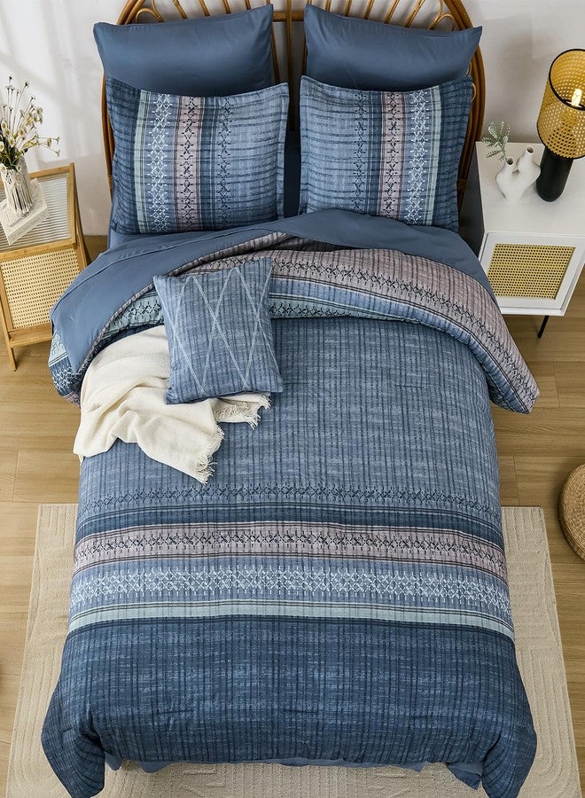 Dintszyayue Blue Comforter Set King Size, 8 Pieces Boho Striped Bed in a Bag Soft Microfiber Bedding Set for All Season - Image 4