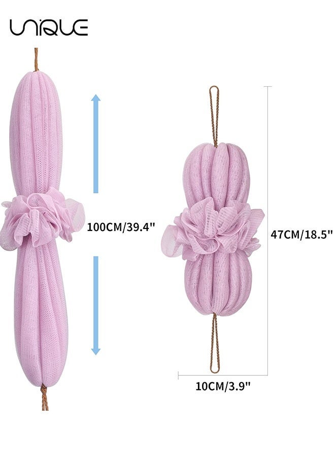 Unique Shower Loofah Sponge - 2 Pack Long Stretch Back Sponge Exfoliating with Rope Handles - Back Scrubber for Shower Body Scrub Stretch Loofah for Women and Men (Pink & Light Purple) - Image 2