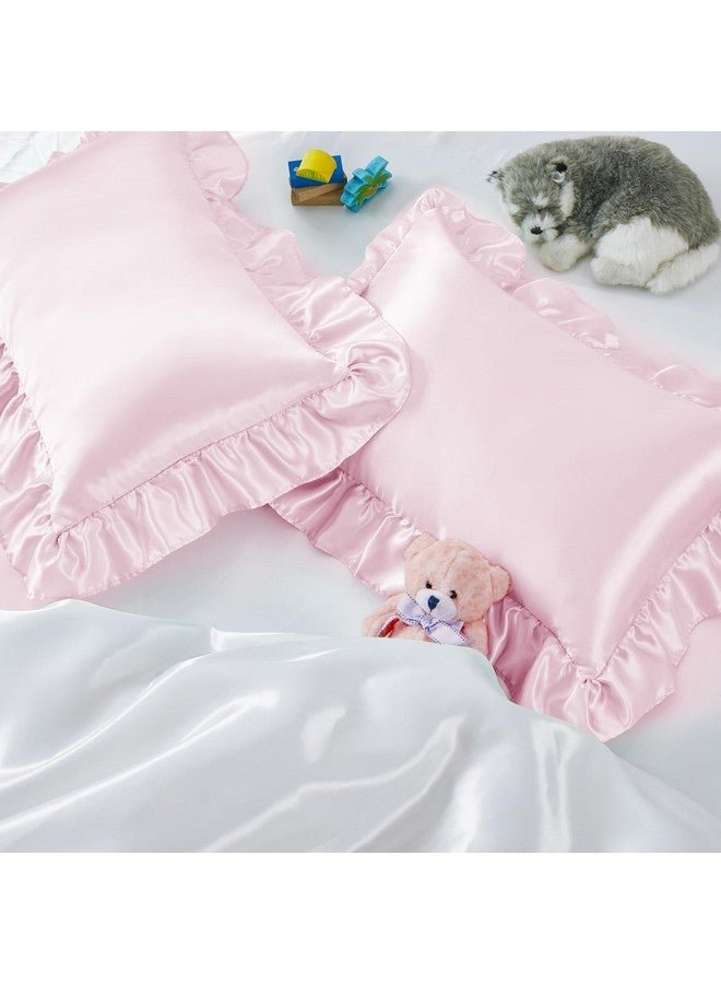 Entisn Ruffle Satin Toddler Pillowcase Set of 2, 13 x 18 Inch Toddler Silky Pillow Covers with Envelope Closure, Anti Wrinkle Soft Travel Pillow Case Nursery Pillow Sham for Girls, Boys (Baby Pink) - Image 1