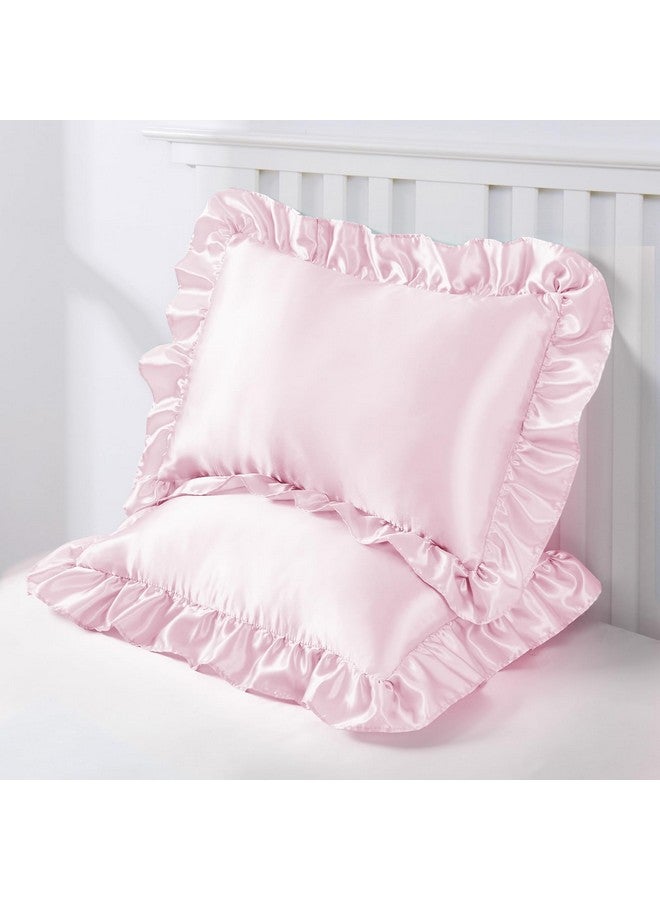 Entisn Ruffle Satin Toddler Pillowcase Set of 2, 13 x 18 Inch Toddler Silky Pillow Covers with Envelope Closure, Anti Wrinkle Soft Travel Pillow Case Nursery Pillow Sham for Girls, Boys (Baby Pink) - Image 2