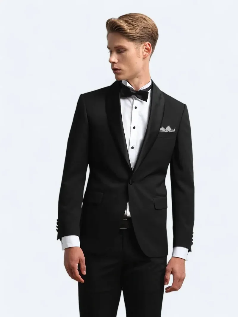 كيب بدلة توكسيدو سوداء ضيقة بقصة ضيقة وياقة شال قابلة للإزالة