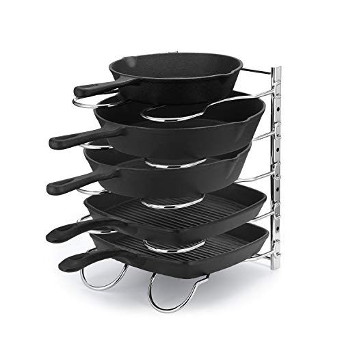 CAXXA Heavy Duty Pan Rack, Pot Lid Rack, Kitchen Cabinet Pantry Cookware Organizer Rack Holder with 5 Adjustable Dividers, Chrome - Image 1