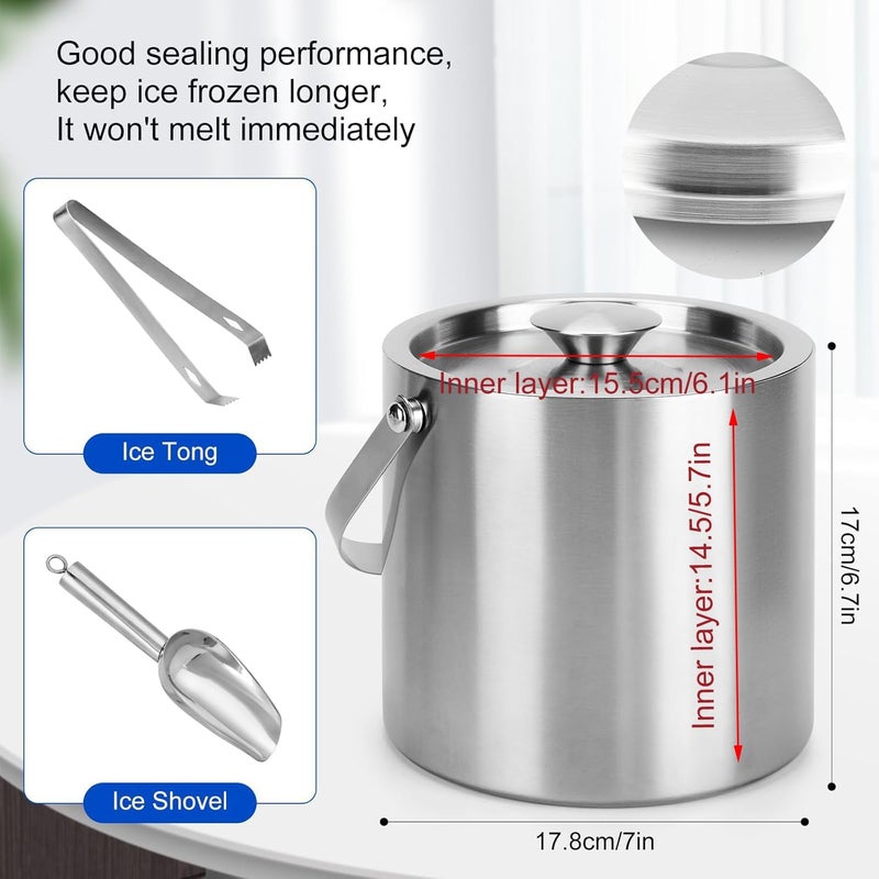 Berverra Portable Ice Granule Bucket 3 Liter Double-Wall Ice Bucket with Lid,Scoop,Tongs- Inner Layer 304 Stainless Steel Ice Container Keep Ice Frozen Longer- Ideal for Cocktail Bar,Parties,Chilling Beer Wine - Image 5