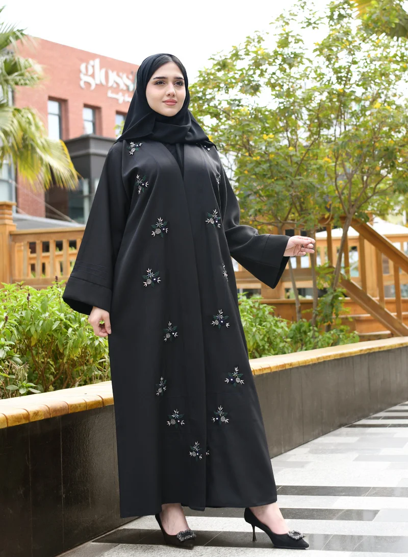 HAWRAA ABAYA Wrap abaya decorated with shawl and embroidery in green, blue and colored crystals