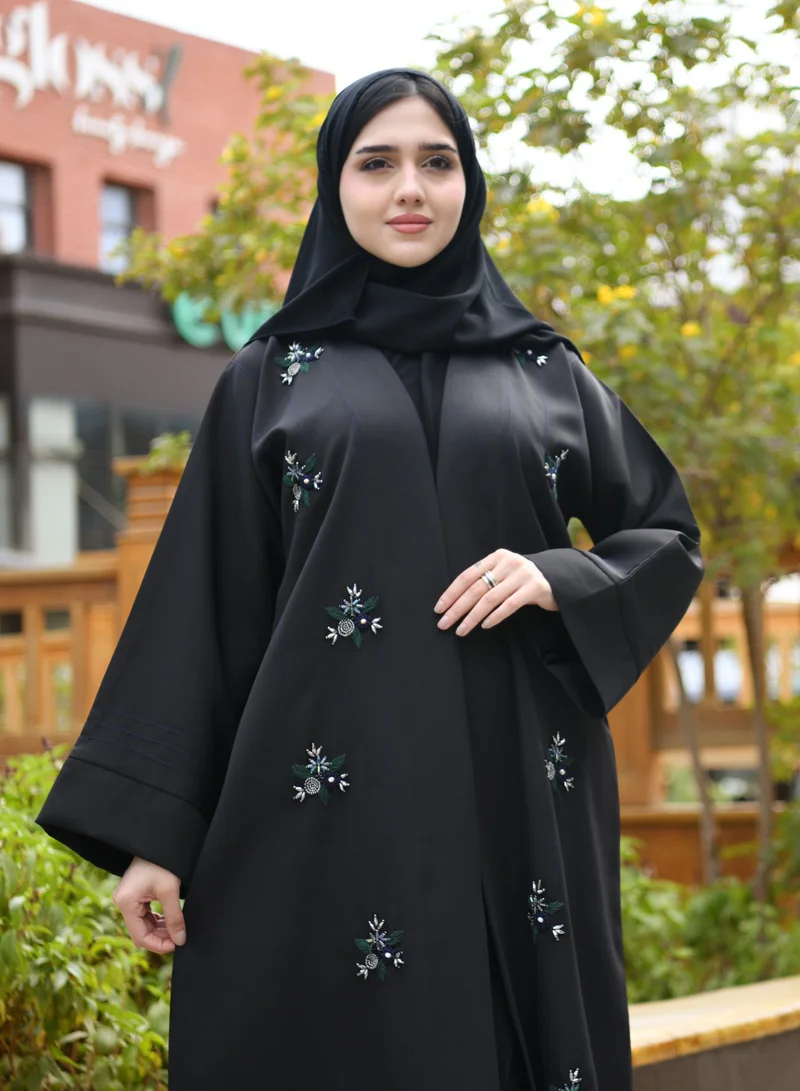 HAWRAA ABAYA Wrap abaya decorated with shawl and embroidery in green, blue and colored crystals