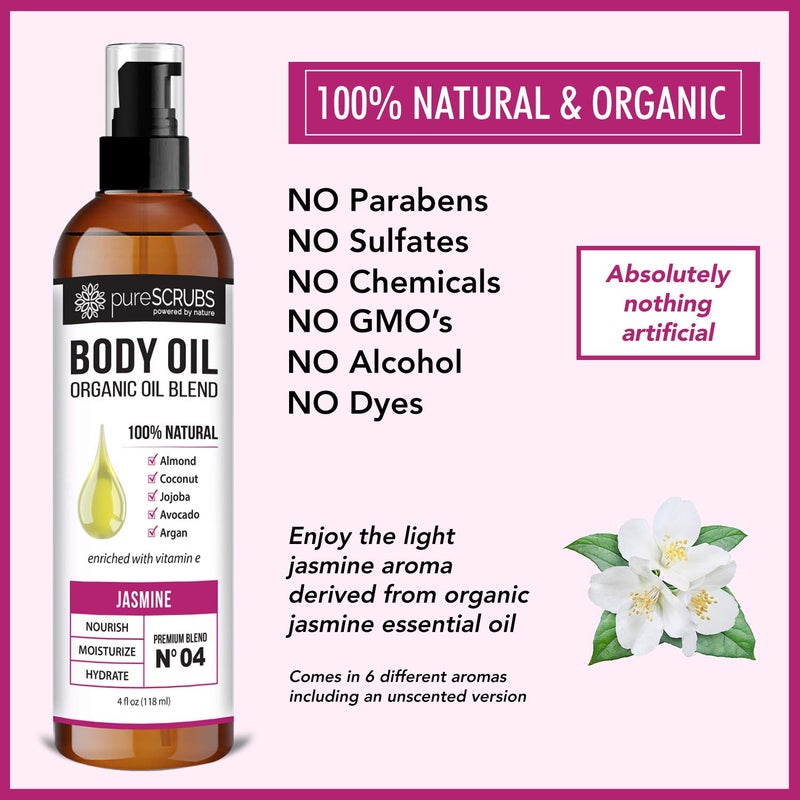 pureSCRUBS Ultra Moisturizing Jasmine Body Oil Spray for Dry Skin, Massage, Cuticles & More - Organic Super Blend of Jojoba, Argan, Coconut, Sweet Almond & Avocado Enriched with Vitamin E, Lg 4oz - Image 5