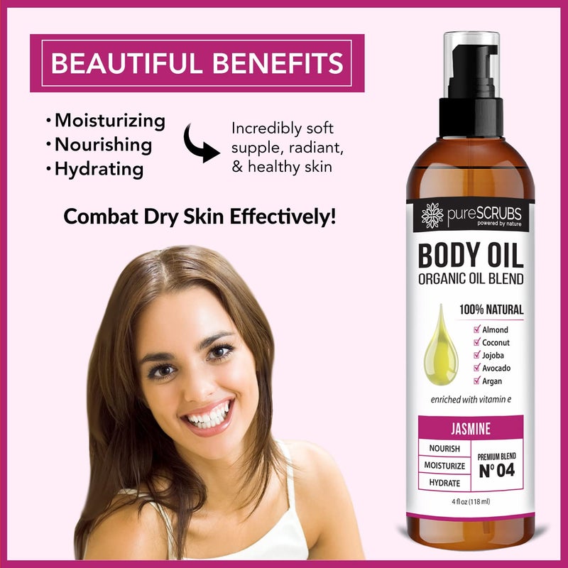 pureSCRUBS Ultra Moisturizing Jasmine Body Oil Spray for Dry Skin, Massage, Cuticles & More - Organic Super Blend of Jojoba, Argan, Coconut, Sweet Almond & Avocado Enriched with Vitamin E, Lg 4oz - Image 3