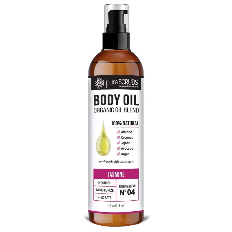 pureSCRUBS Ultra Moisturizing Jasmine Body Oil Spray for Dry Skin, Massage, Cuticles & More - Organic Super Blend of Jojoba, Argan, Coconut, Sweet Almond & Avocado Enriched with Vitamin E, Lg 4oz - Image 1