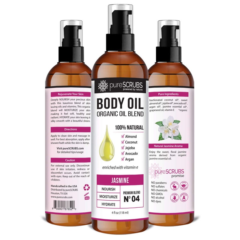 pureSCRUBS Ultra Moisturizing Jasmine Body Oil Spray for Dry Skin, Massage, Cuticles & More - Organic Super Blend of Jojoba, Argan, Coconut, Sweet Almond & Avocado Enriched with Vitamin E, Lg 4oz - Image 2