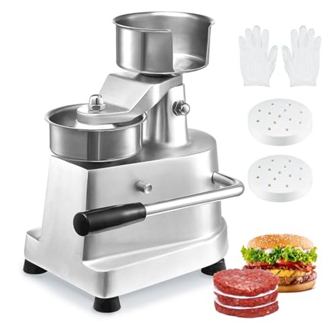 VEVOR Commercial Burger Patty Maker, 100mm/4inch Hamburger Beef Patty Maker, Heavy Duty Food-Grade Stainless Steel Bowl Burger Press Machine, Kitchen Meat Forming Processor with 1000 Pcs Patty Papers