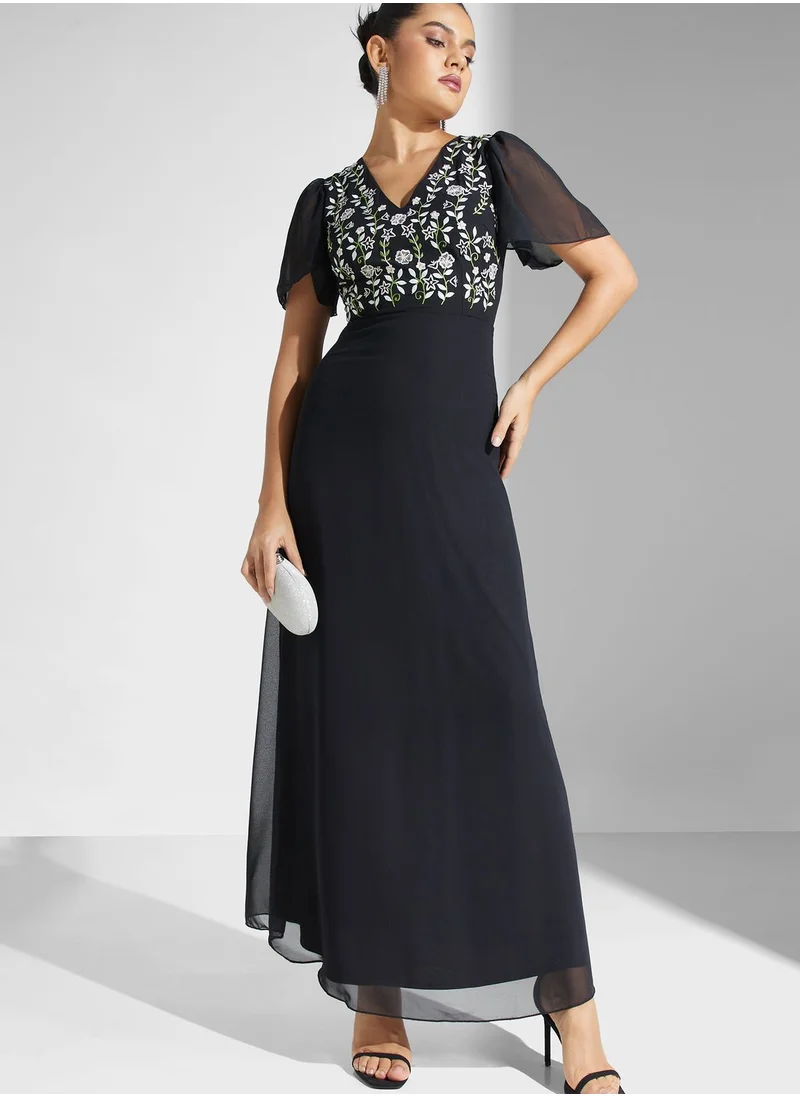 Lace and Beads V-Neck Embroidered Tiered Dress