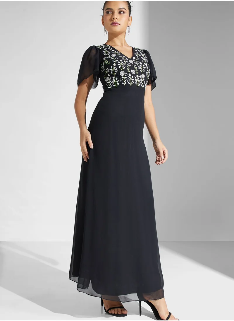 Lace and Beads V-Neck Embroidered Tiered Dress