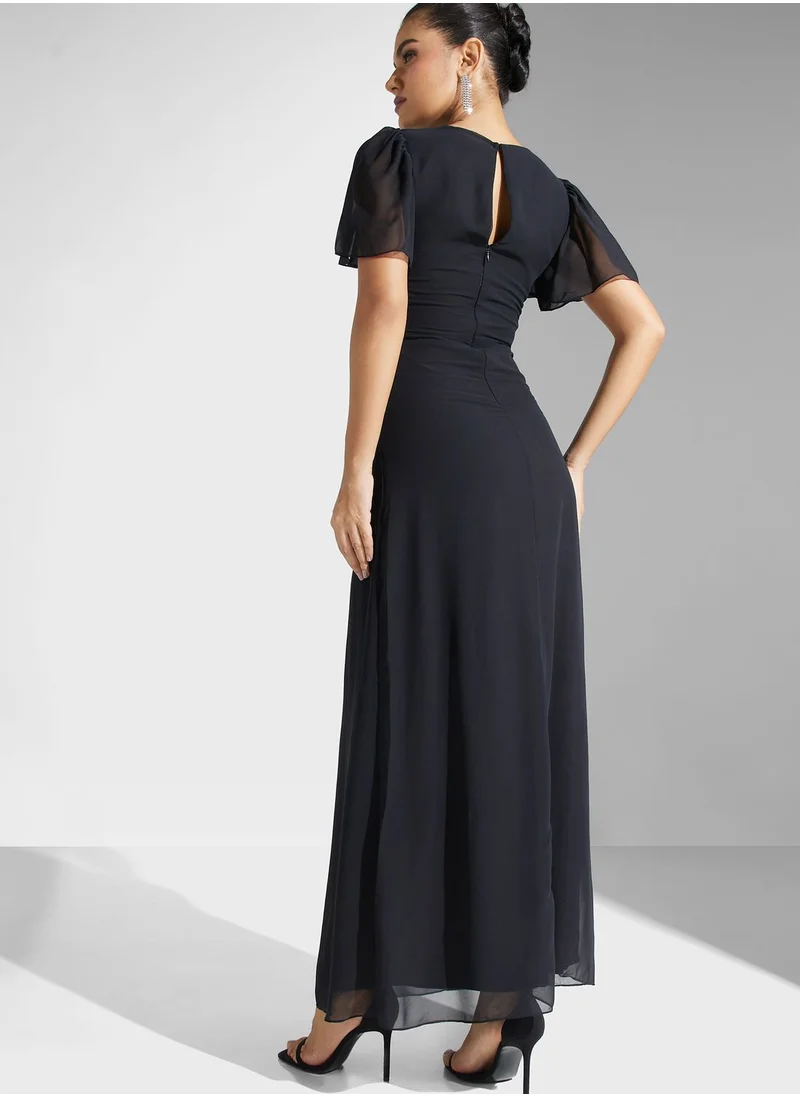 Lace and Beads V-Neck Embroidered Tiered Dress