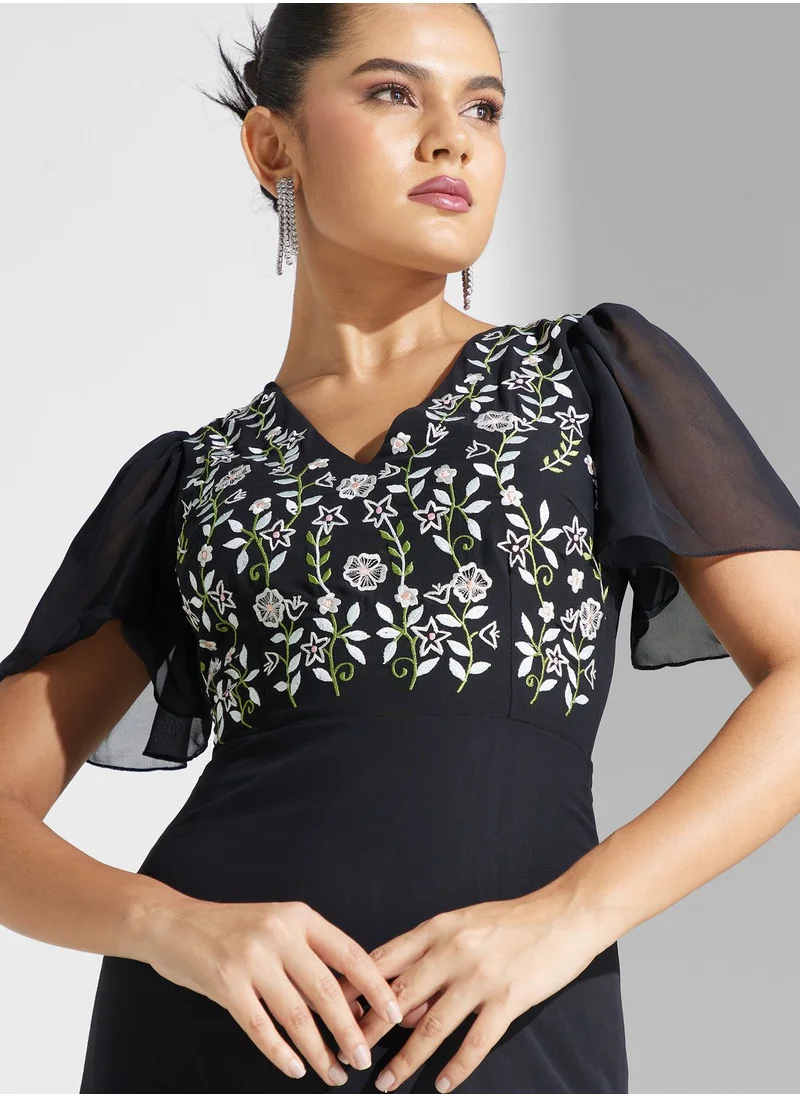 Lace and Beads V-Neck Embroidered Tiered Dress
