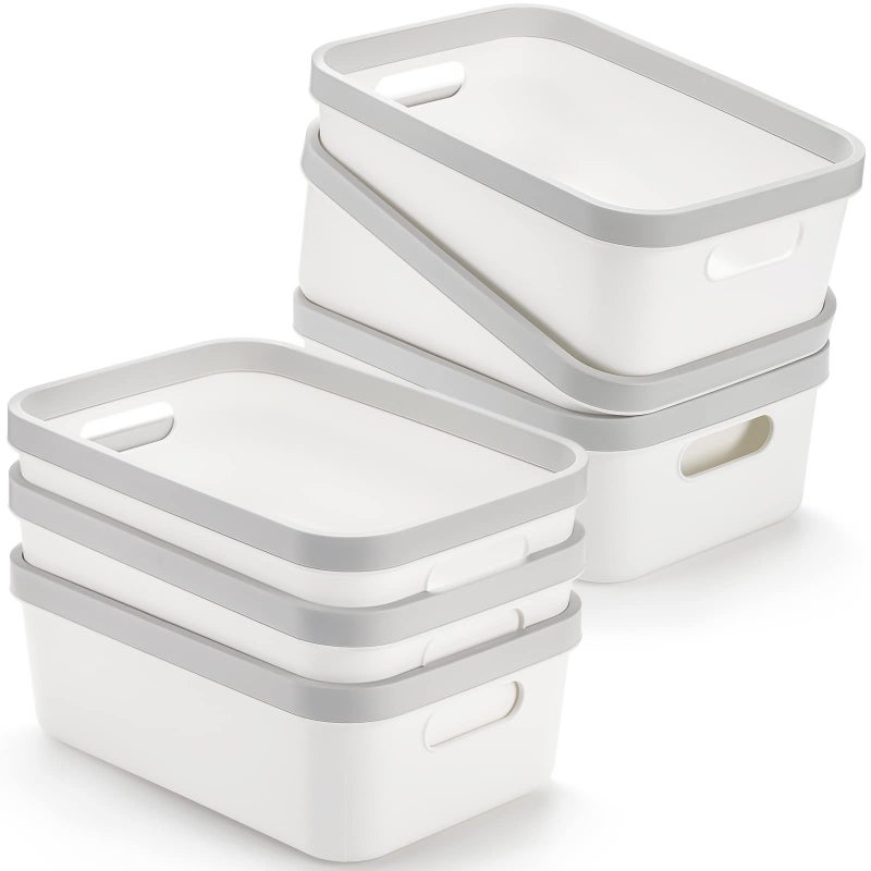 Elsjoy Set of 6 Plastic Storage Bin 10x 7x 4 Classroom Storage Basket Cabinet Storage Bin with Handle White Shelf Organizer Bins for Bathroom Office School