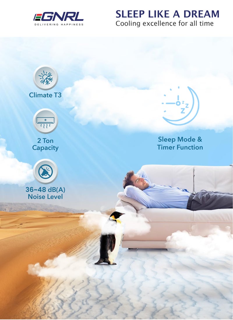 مكيف هواء سبليت دوار T3 بقوة 24000 وحدة حرارية بريطانية، أبيض R410a، موديل 2024 من السلسلة الجديدة | تدفق هواء بأربعة اتجاهات، زعانف ذهبية وإعادة تشغيل تلقائية | جهاز تحكم عن بعد متضمن سعة 2 طن، أبيض EG24T3N - ضمان مجاني للضاغط لمدة 5 سنوات