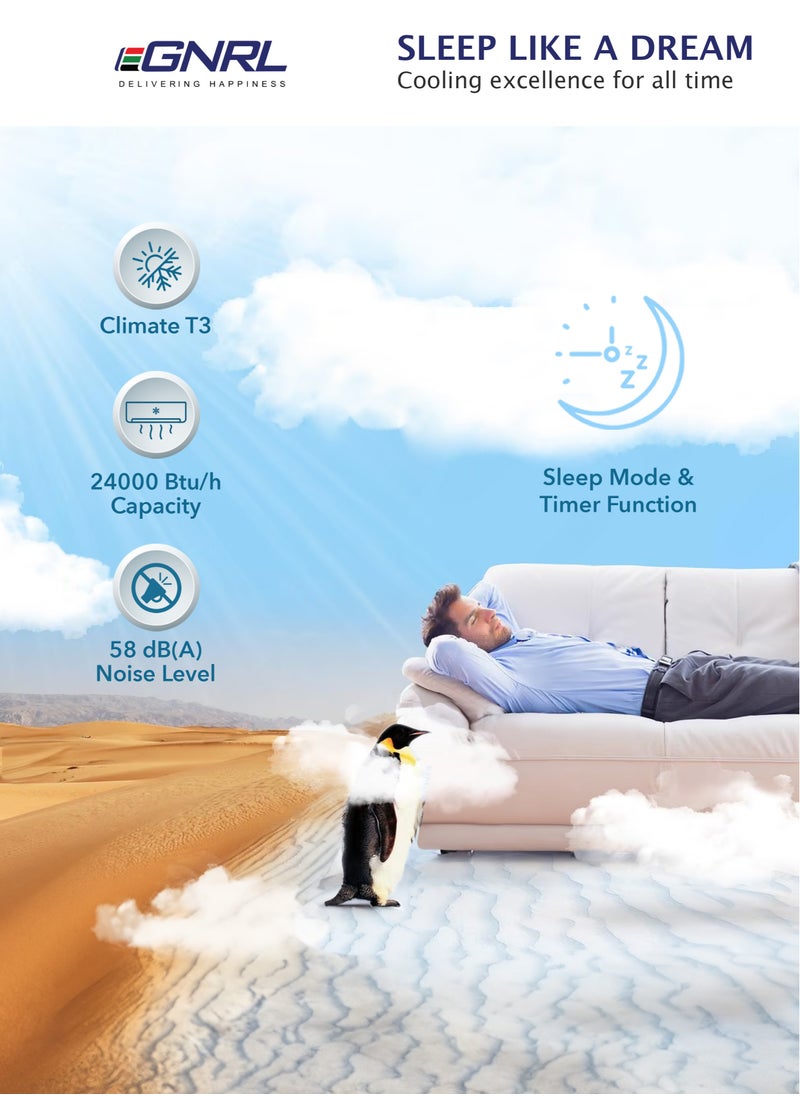 EGNRL مكيف هواء سبليت دوار T3 بقوة 24000 وحدة حرارية بريطانية، أبيض R410a، موديل 2024 من السلسلة الجديدة | تدفق هواء بأربعة اتجاهات، زعانف ذهبية وإعادة تشغيل تلقائية | جهاز تحكم عن بعد متضمن سعة 2 طن، أبيض EG24T3N - ضمان مجاني للضاغط لمدة 5 سنوات  - Image 4