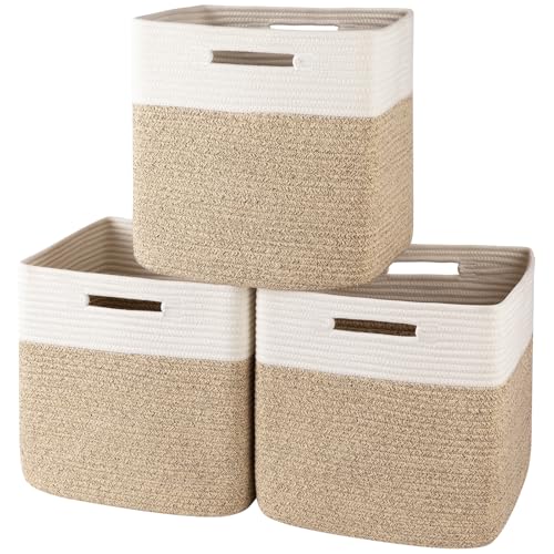 OIAHOMY 13 Inch Cube Storage Bins 3Pack Cotton Rope Woven Baskets for Organizing Insert Storage Baskets for Shelves Baby Nursery Closet Organizer 13 13 126IN Brown White - Image 1