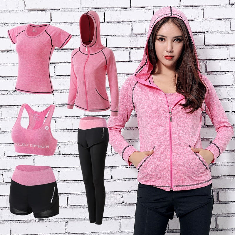Generic Yoga clothing 5-piece autumn and winter hot sports clothing professional running fitness suit womens coat T-shirt bra Pink 5-piece set 
