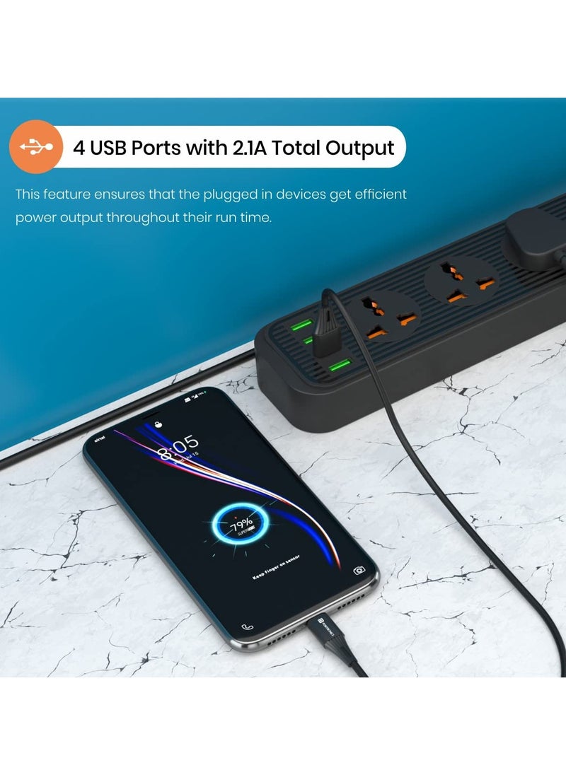 Generic Portronics Power Plate 6 With 4 USB Port 5 Power Sockets Extension Board 2500W Power Converter Cord Length 3Mtr Black  - Image 5