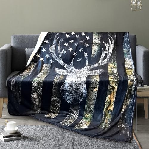 NHBTGSF Men Camo Deer Blanket Hunting Blanket Deer Hunting Gifts for MenCamouflage USA Flag Flannel Fleece Throw for Room Bed Sofa 60x 80