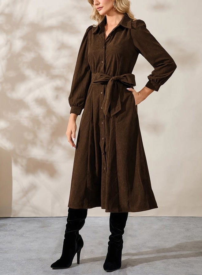 YEXPINE Women's Corduroy Midi Dress Long Sleeve Button Down Belted Flowy Shirt Dress with Pockets, Brown, L - Image 4