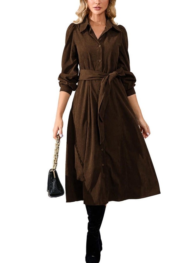 YEXPINE Women's Corduroy Midi Dress Long Sleeve Button Down Belted Flowy Shirt Dress with Pockets, Brown, L - Image 1