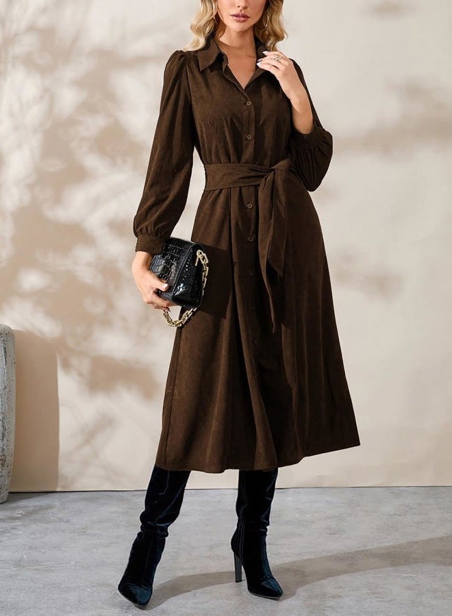 YEXPINE Women's Corduroy Midi Dress Long Sleeve Button Down Belted Flowy Shirt Dress with Pockets, Brown, L - Image 3
