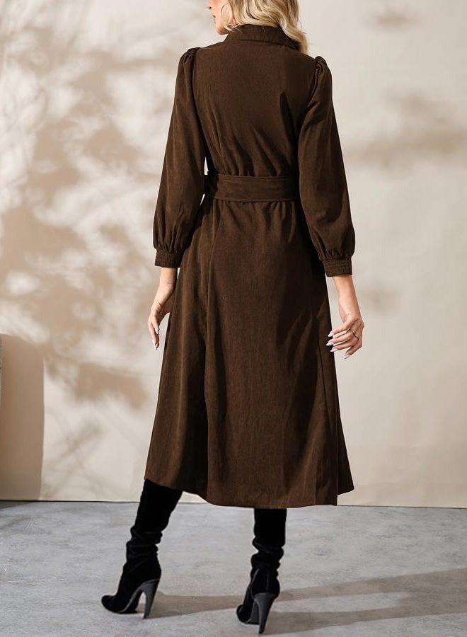 YEXPINE Women's Corduroy Midi Dress Long Sleeve Button Down Belted Flowy Shirt Dress with Pockets, Brown, L - Image 5