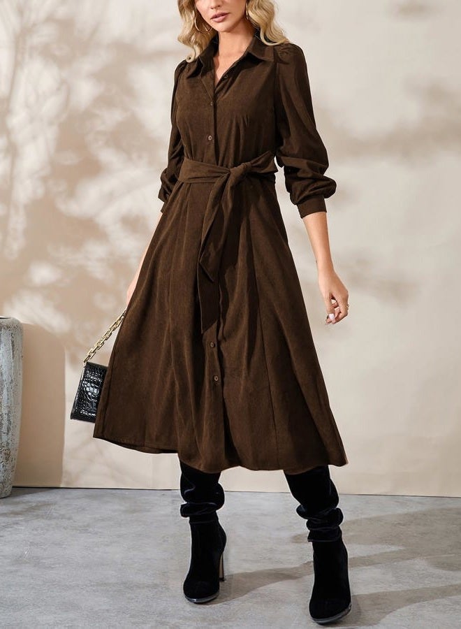 YEXPINE Women's Corduroy Midi Dress Long Sleeve Button Down Belted Flowy Shirt Dress with Pockets, Brown, L - Image 2