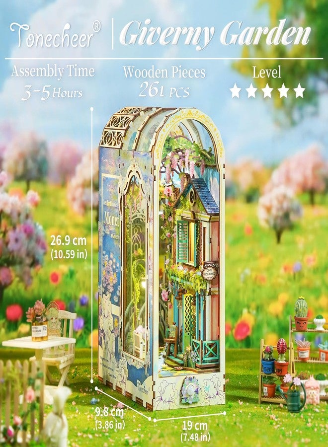 Tonecheer مجموعة Tonecheer DIY Book Nook Kit للكبار، مجموعة أحجية ثلاثية الأبعاد لمنزل خشبي مصغر، رف كتب Booknook لبيت الدمى، ديكور فاصل كتب مع غطاء واقٍ من الغبار وإضاءة LED (Giverny Garden) - Image 2