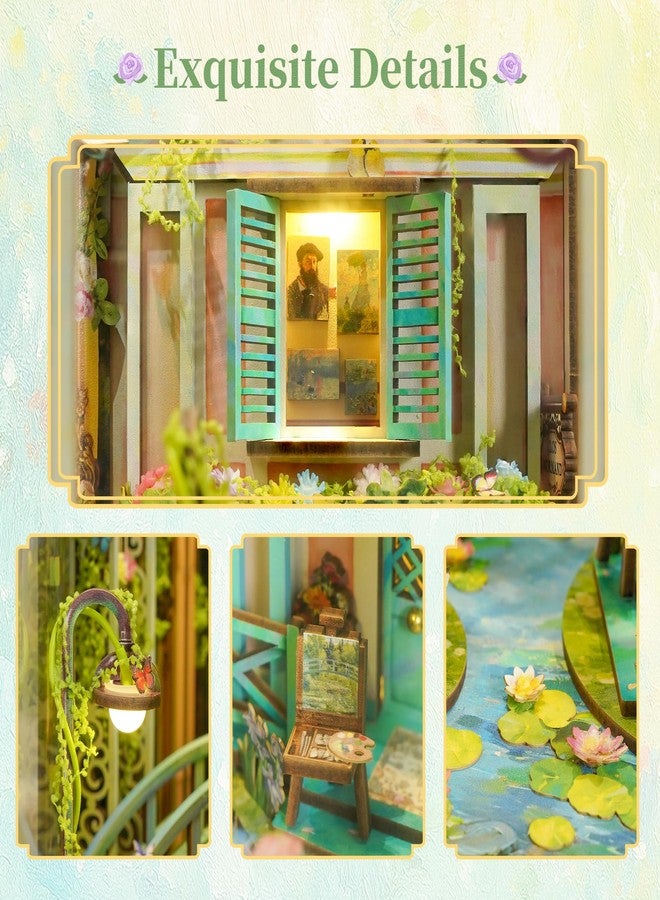 Tonecheer مجموعة Tonecheer DIY Book Nook Kit للكبار، مجموعة أحجية ثلاثية الأبعاد لمنزل خشبي مصغر، رف كتب Booknook لبيت الدمى، ديكور فاصل كتب مع غطاء واقٍ من الغبار وإضاءة LED (Giverny Garden) - Image 3