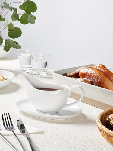 Yedio 18 oz Gravy Boat with Saucer, Large White Ceramic Gravy Boat, Boat and Tray for Turkey Beef Sauce, Salad Dressing, Creamer, Milk, Broth,Microwave and Dishwasher Safe - Image 3