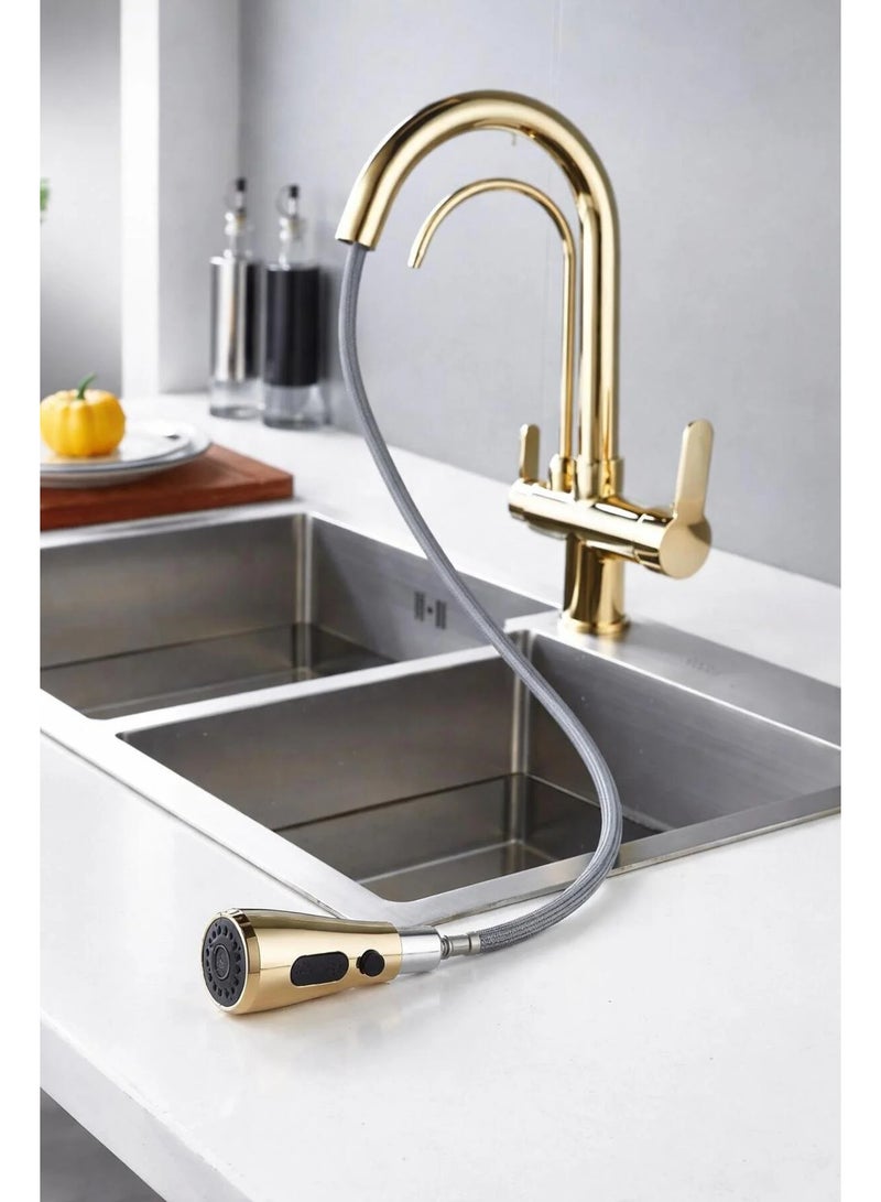 روما حنفية مطبخ ذهبية Roma بمقبضين 3 طرق مع رأس سحب دوران 360° للمياه العادية والمفلترة - Image 5