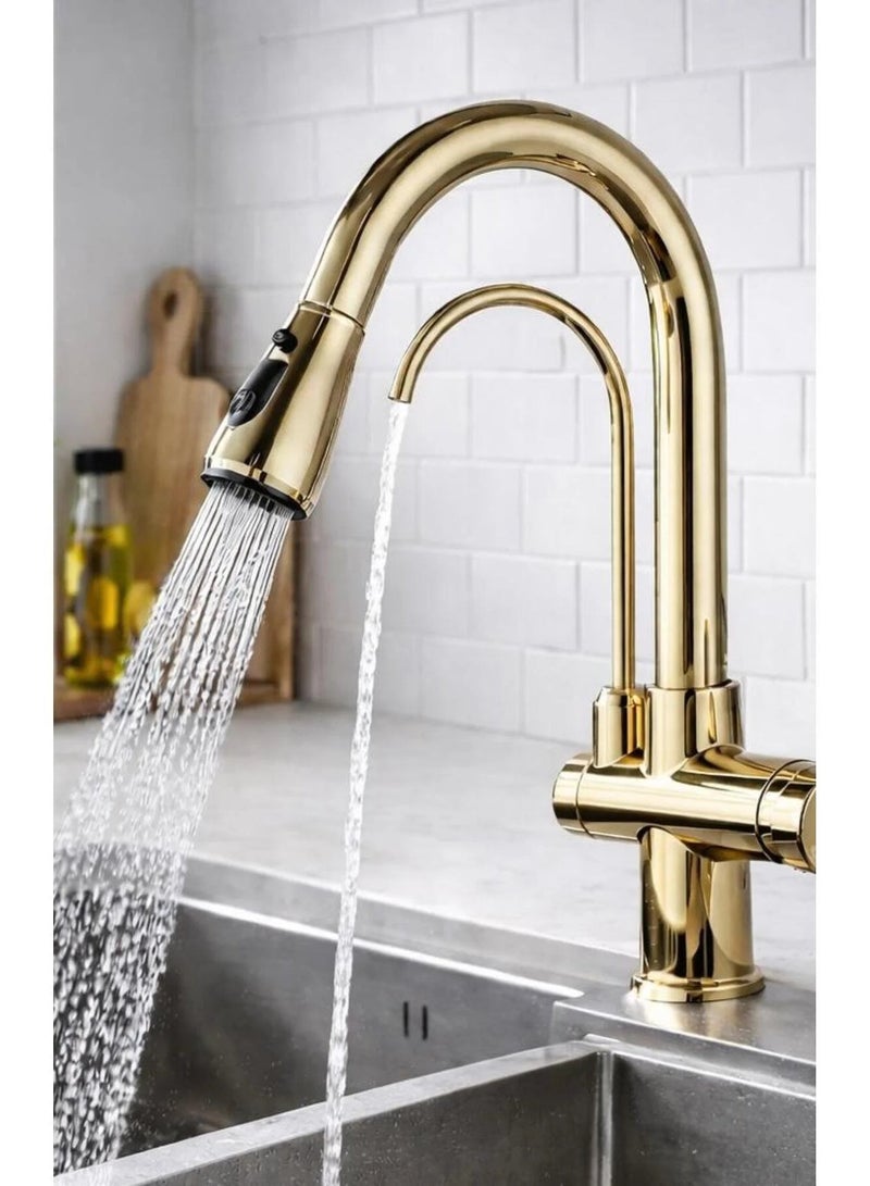 روما حنفية مطبخ ذهبية Roma بمقبضين 3 طرق مع رأس سحب دوران 360° للمياه العادية والمفلترة - Image 1