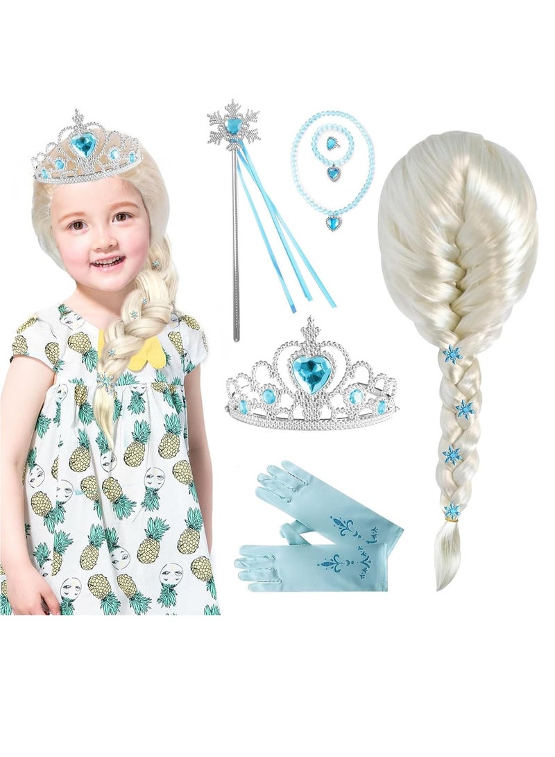 Princess Elsa Wig Frozen Elsa Braid with Princess Tiara Princess Elsa Dress Up Costume Accessories for Kids Girl 7pcs - Image 3