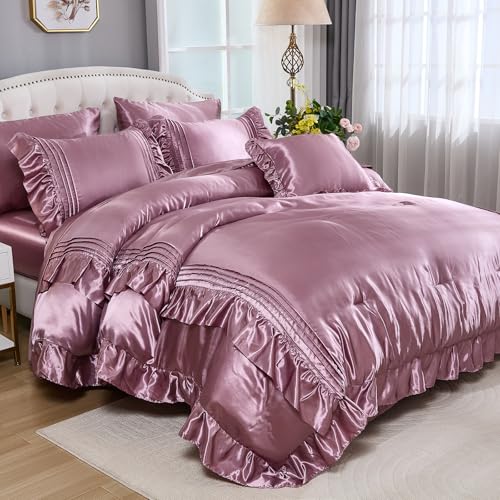 Bedbay Luxury Satin Comforter Set 8 Pieces Queen Comforter with Sheets Silk Like Satin Bed Set Blush Pink Bedding Bed in a Bag 1 Comforter 4 Pillowcasas 1 Flat Sheet 1 Fitted Sheet 1 Cushion Cove - Image 1