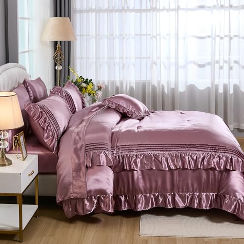 Bedbay Luxury Satin Comforter Set 8 Pieces Queen Comforter with Sheets Silk Like Satin Bed Set Blush Pink Bedding Bed in a Bag 1 Comforter 4 Pillowcasas 1 Flat Sheet 1 Fitted Sheet 1 Cushion Cove - Image 5