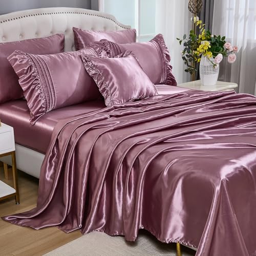 Bedbay Luxury Satin Comforter Set 8 Pieces Queen Comforter with Sheets Silk Like Satin Bed Set Blush Pink Bedding Bed in a Bag 1 Comforter 4 Pillowcasas 1 Flat Sheet 1 Fitted Sheet 1 Cushion Cove - Image 3