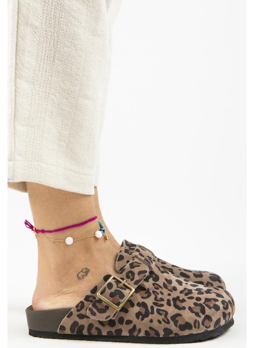 Manijero Zeta Leopard Women's Leather Leather Belt Buckle Sabo Mink Slippers  - Image 1