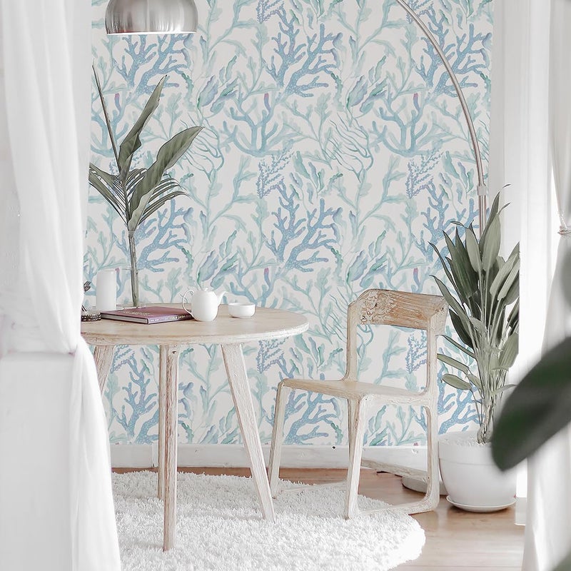 Tempaper Aqua Blue Coral Reef Removable Peel and Stick Coastal Wallpaper, 20.5 in X 16.5 ft, Made in The USA - Image 2