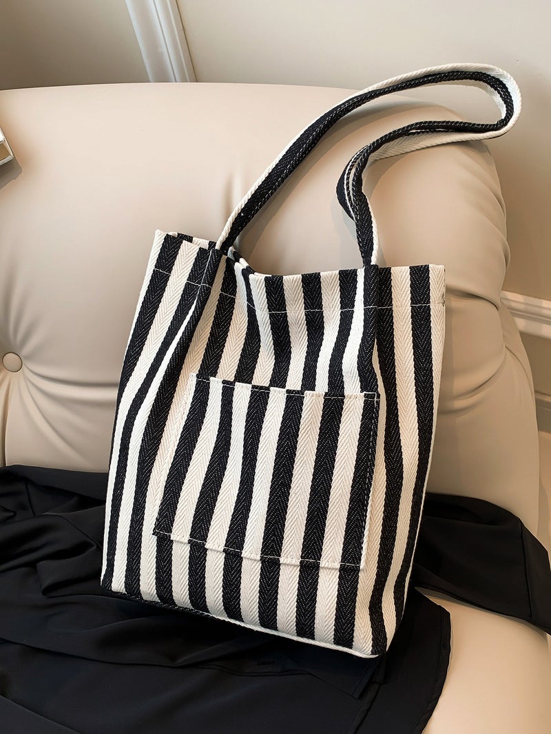 Niche Artistic Holiday Casual Casual Lazy Style Shopping Bag Canvas Bag Large Capacity Striped Tote Bag Women'S New - Image 2