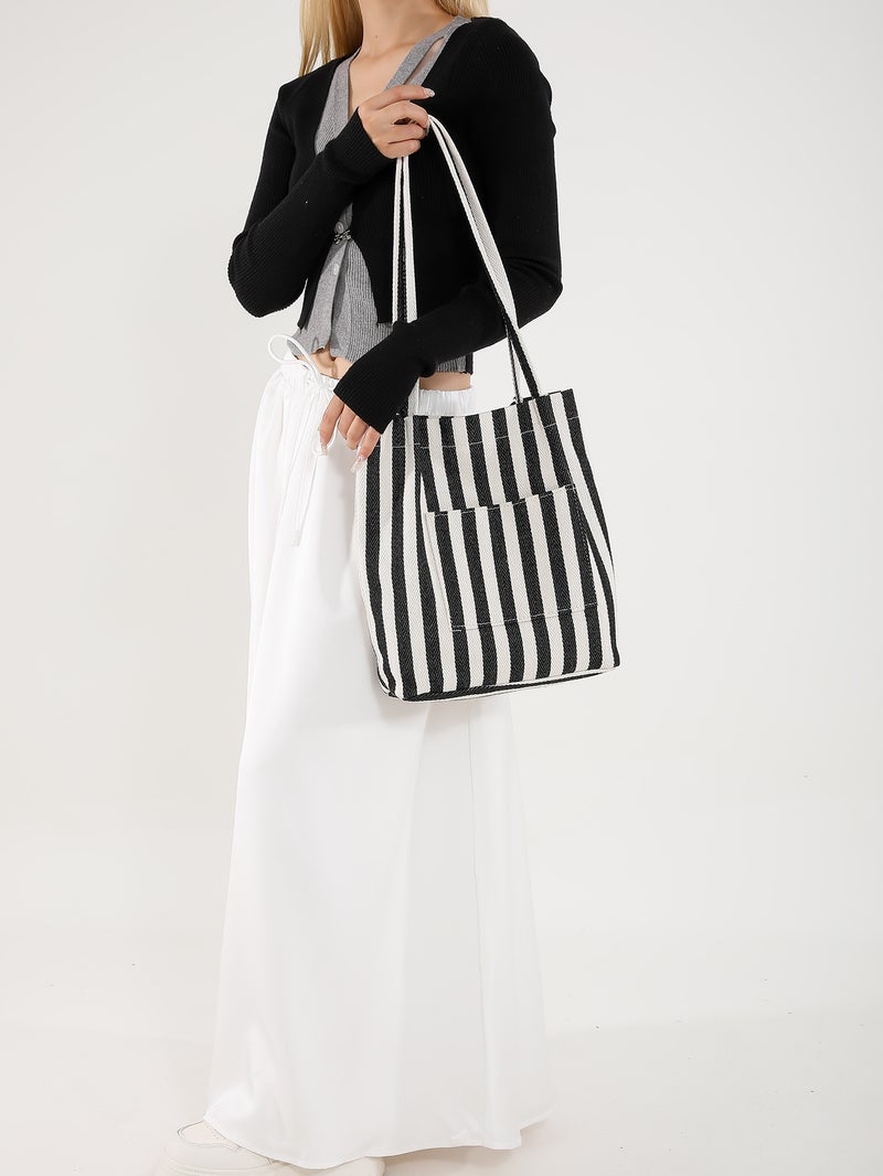 Niche Artistic Holiday Casual Casual Lazy Style Shopping Bag Canvas Bag Large Capacity Striped Tote Bag Women'S New - Image 4