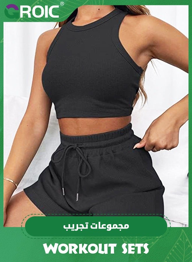 GROIC 2 Pieces Workout Sets for Women, Lounge Sets Sleeveless Crop Top and Shorts with Pockets Tracksuits Ribbed Knit, High Waist Shorts Yoga Outfits Two Piece Yoga Running Gym Workout Outfits  - Image 4