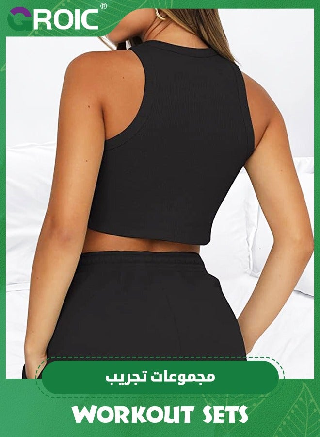 GROIC 2 Pieces Workout Sets for Women, Lounge Sets Sleeveless Crop Top and Shorts with Pockets Tracksuits Ribbed Knit, High Waist Shorts Yoga Outfits Two Piece Yoga Running Gym Workout Outfits  - Image 3
