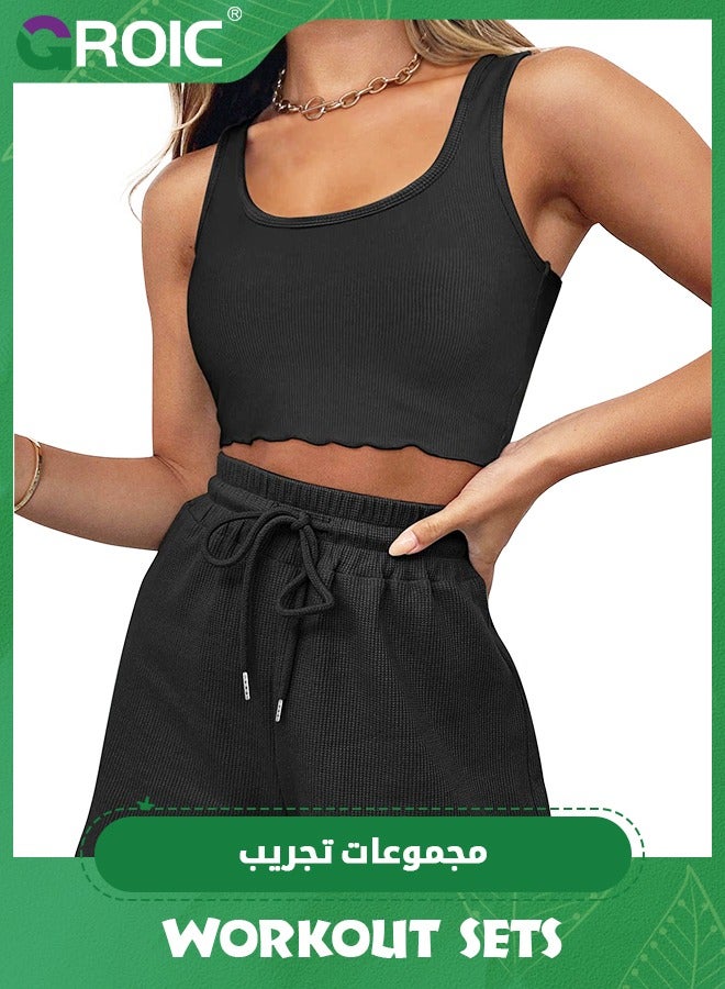 GROIC 2 Pieces Workout Sets for Women, Lounge Sets Sleeveless Crop Top and Shorts with Pockets Tracksuits Ribbed Knit, High Waist Shorts Yoga Outfits Two Piece Yoga Running Gym Workout Outfits  - Image 1